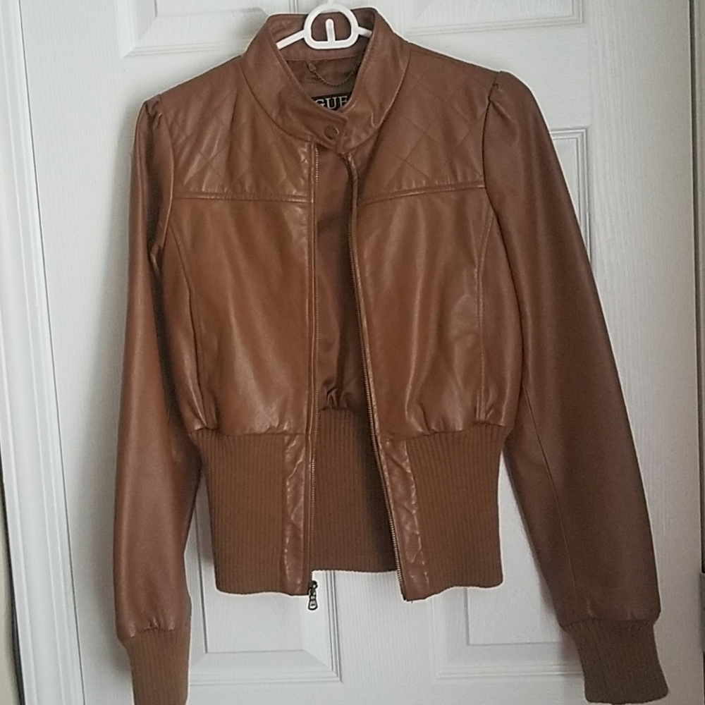 Guess small cognac brown leather bomber jacket